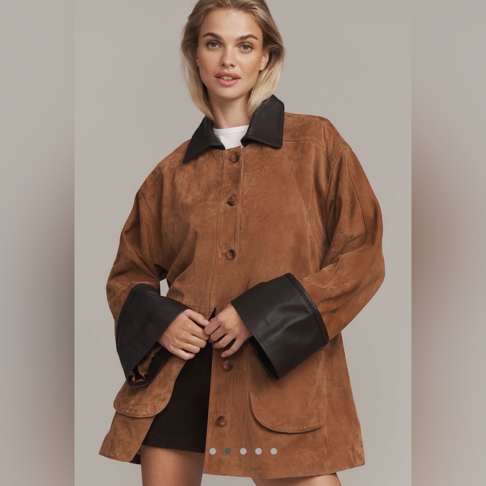NWT #Anthropologie Retail$498 Brown Suede Women's Coat with leather cuff. Sz xs - Picture 3 of 12
